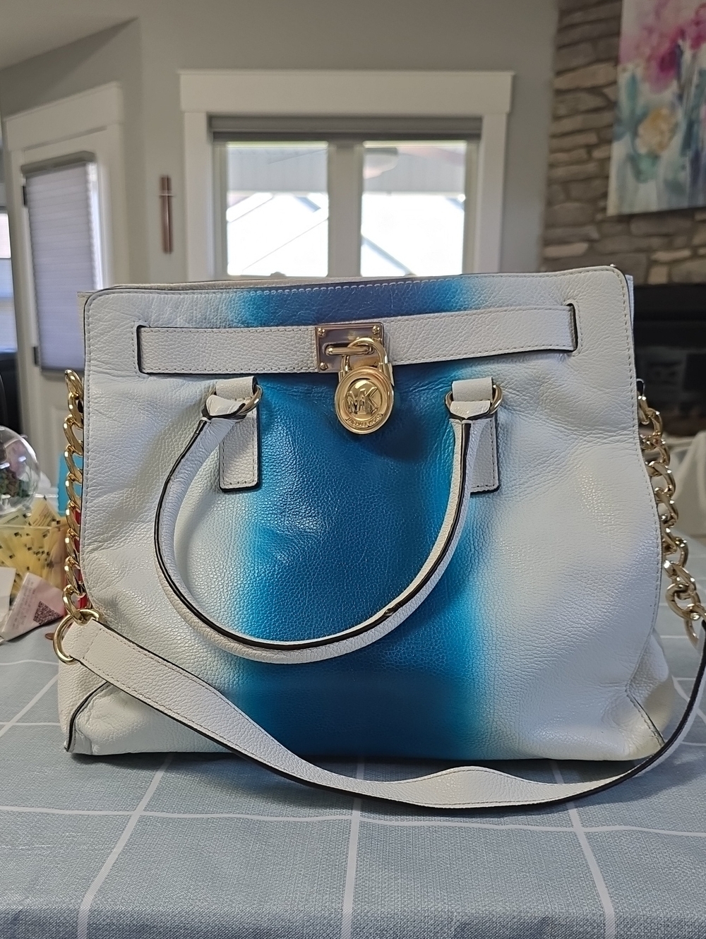 Michael Kors White and Blue Gradient Leather Satchel with Gold Hardware